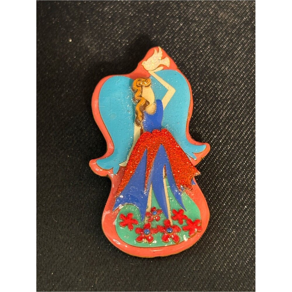 Vintage Angel shaped Pins Brooch By Lucinda - Rare Glitter Fairy Red W/Dove